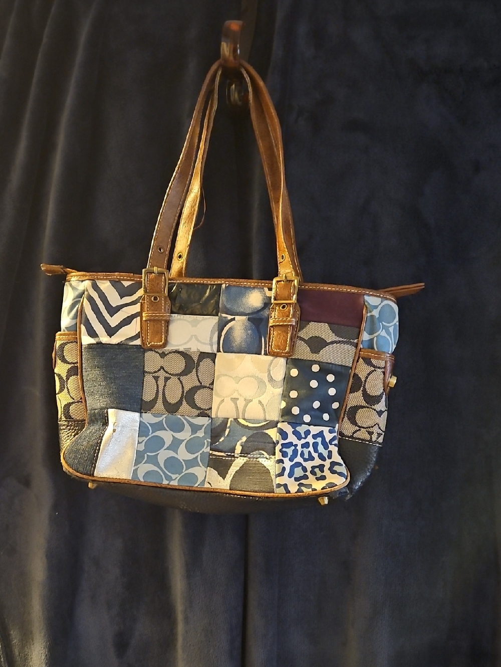 Vintage Coach Patchwork Navy and Brown Women's Tote Bag As Is See Photos